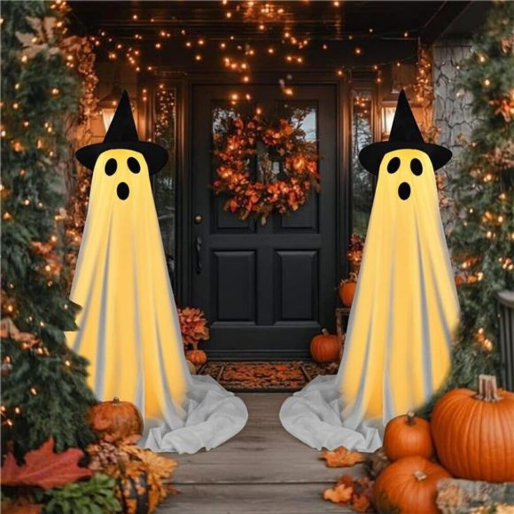 Halloween Decorations Outdoor Indoor, 2 Pack Spooky Ghost with Witch Hat